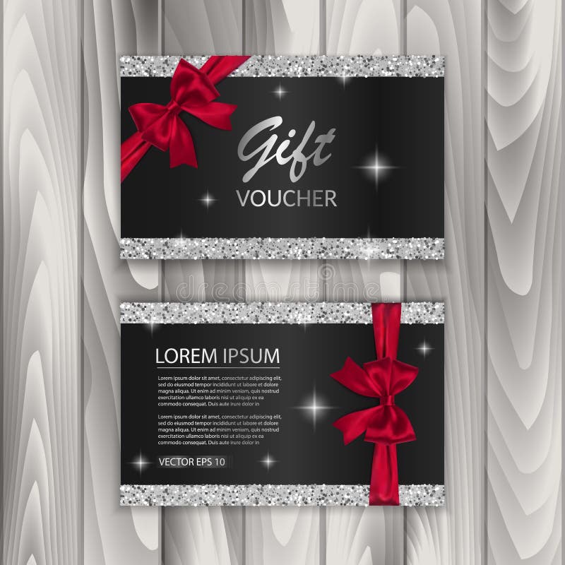 Set of shiny gift voucher with realistic red bow. Vector template for gift card royalty free illustration Set of shiny gift voucher with realistic red bow. Vector template for gift card royalty free illustration