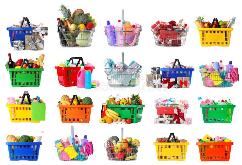 Set of shopping baskets with grocery products, gifts and household chemicals on background