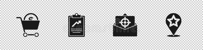 Set Shopping cart and dollar, Clipboard with graph chart, Mail e-mail and Map pointer star icon. Vector vector illustration