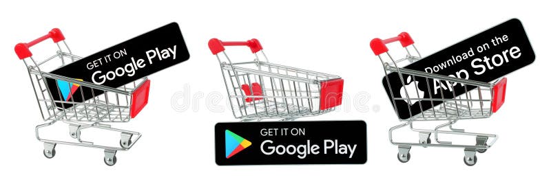 Set of shopping carts with Download the App Store and Get it on Google Play paper buttons, isolated on a white background