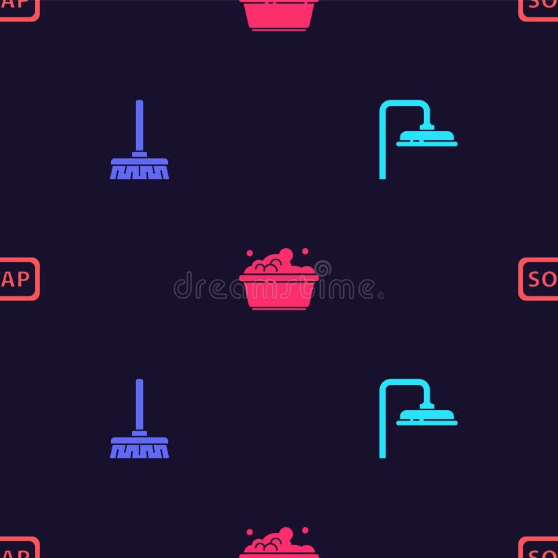 Set Shower Head, Handle Broom, Plastic Basin with Soap Suds and Bar of