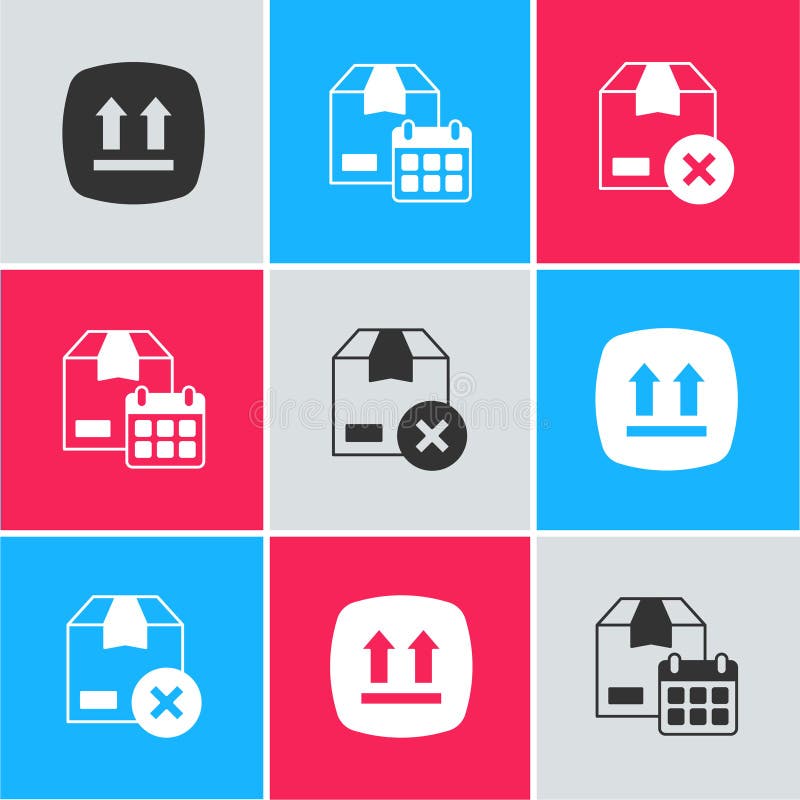 Set This side up Cardboard box with calendar and Carton cardboard icon. Vector. Pack up time illustrations