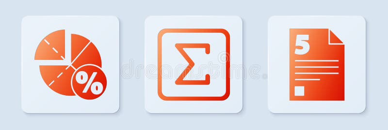 Set Sigma symbol, Graph, schedule, chart, diagram and Test or exam sheet. White square button. Vector stock illustration