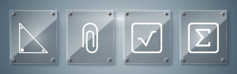 Set Sigma symbol, Square root, Paper clip and Triangle math. Square glass panels. Vector royalty free illustration