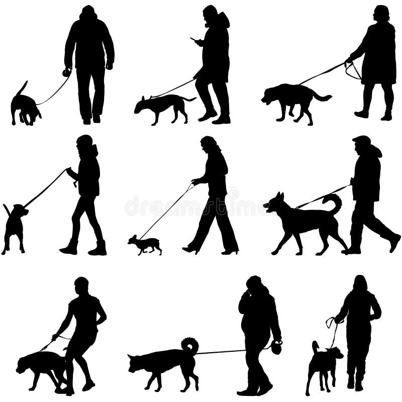 Set Silhouette of People and Dog on a White Background Stock Vector ...