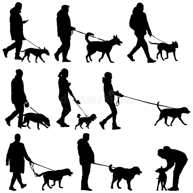 Set Silhouette Of People And Dog On A White Background Stock Vector ...