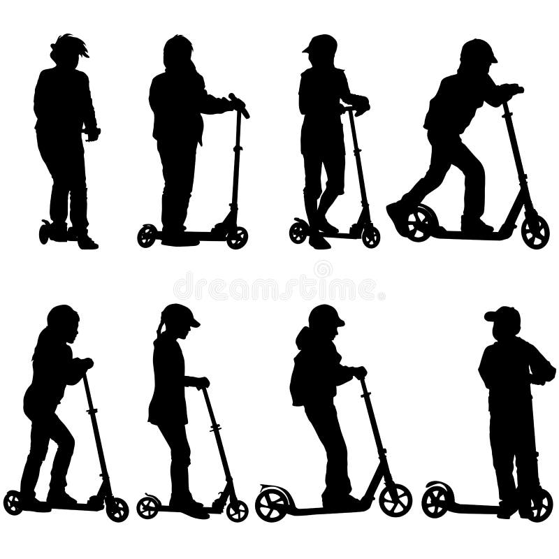 Set of silhouettes of children riding on scooters