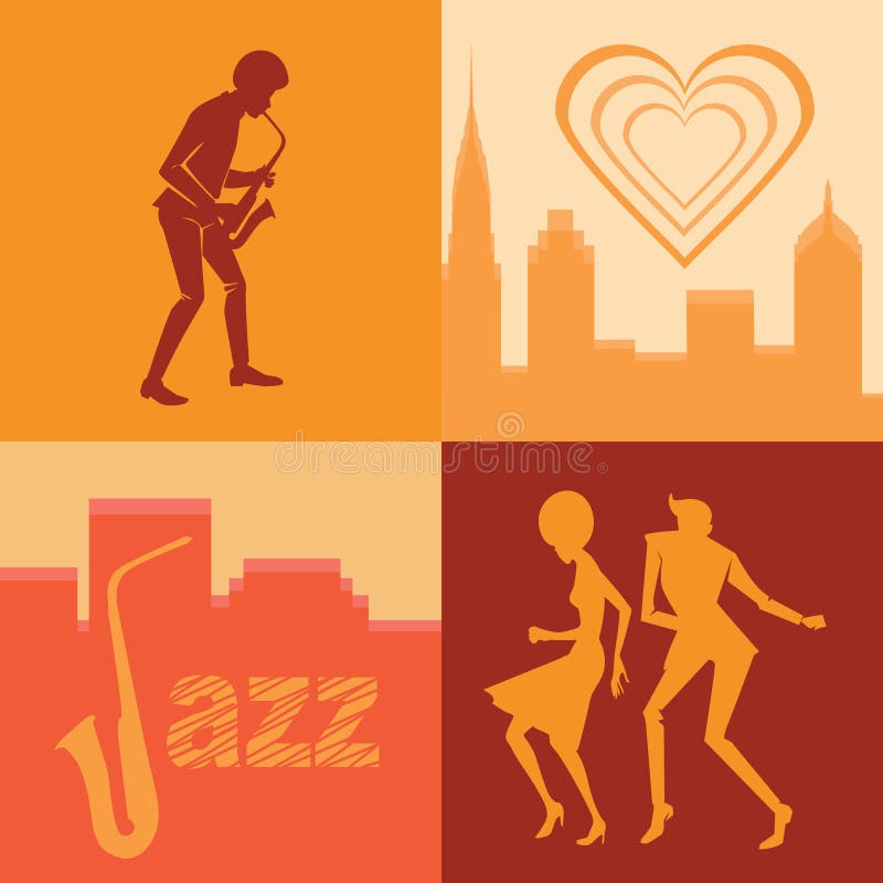 Set of illustrations silhouettes dancing rock `n` roll couple and musician in flat styles against the background of a big city. Set of illustrations silhouettes dancing rock `n` roll couple and musician in flat styles against the background of a big city