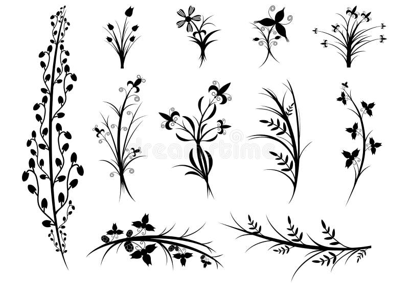 A set of silhouettes of flowers and plants on whit stock illustration