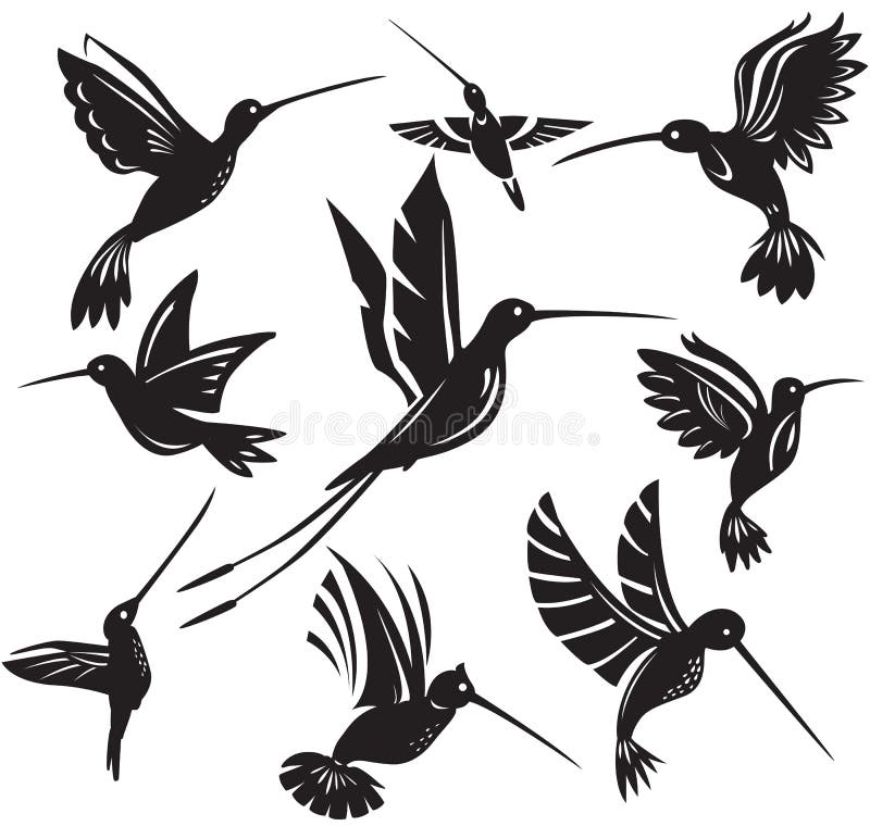 Set of silhouettes flying hummingbirds