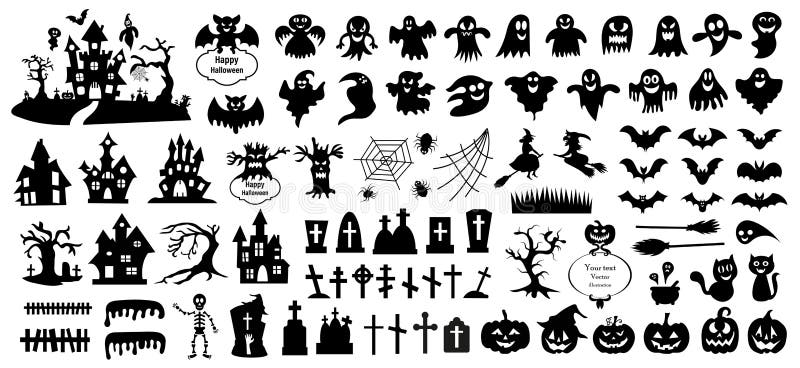 Set of silhouettes of Halloween on a white background. Vector illustration