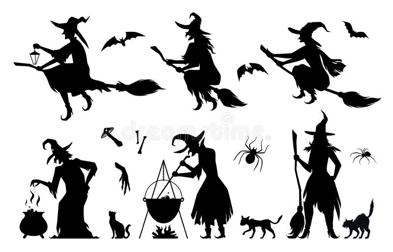 Set silhouettes of witches in black ragged dress vector flat illustration. Halloween scary bat, cat