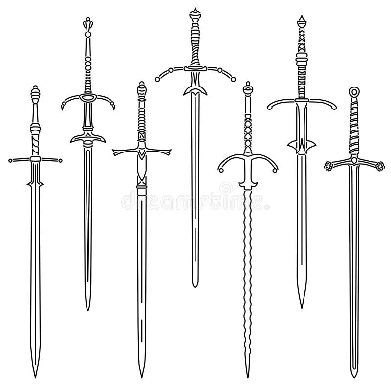 Set of simple images of medieval two-handed swords drawn in art line style.