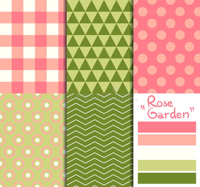 Set of 5 simple seamless geometric patterns. Rose garden color palette.