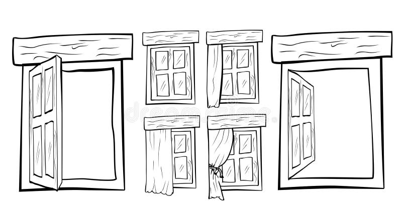 Set 6 Simple Vector Hand Draw Sketch of Window and Curtain vector illustration