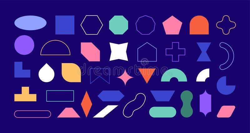 Set of simple vector primitive geometric shapes, linear and filled, with sharp and rounded corners. vector illustration