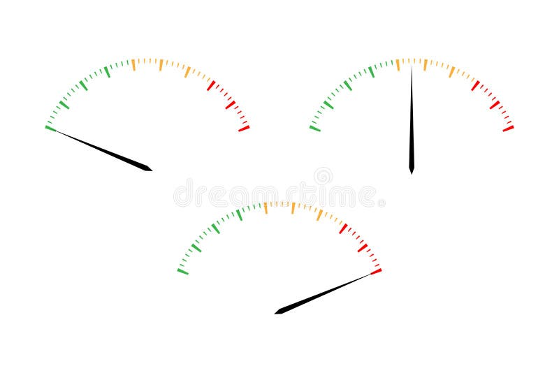 Set of simple vector tachometers with indicators in red, yellow and green part, speedometer icon, performance measurement symbol isolated on white background