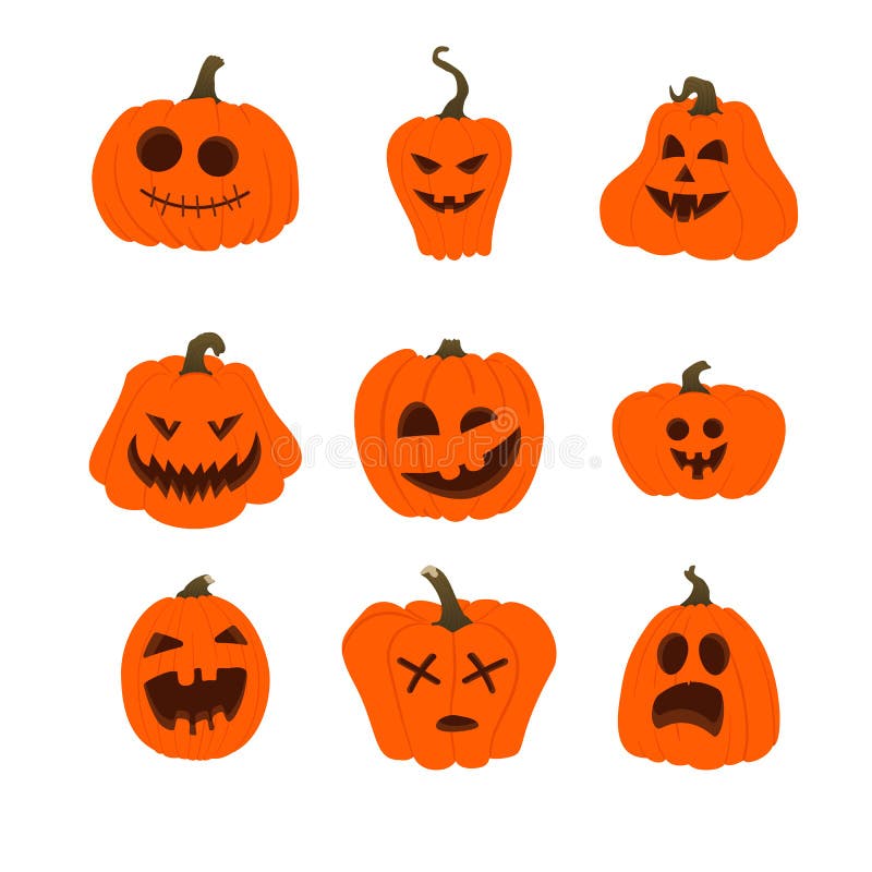 Set simplu de dovleci portocalii cu fețe amuzante. pictograme Halloween. vector illustration