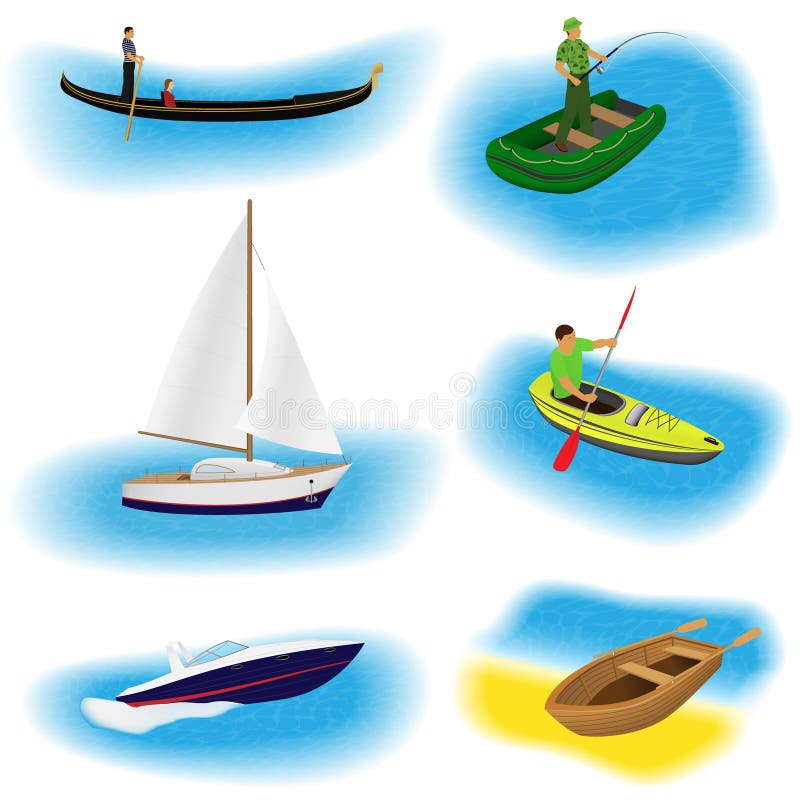 Set of six different kind boats isolated on a white background. Yacht, gondola, inflatable, kayak and rowing boat.