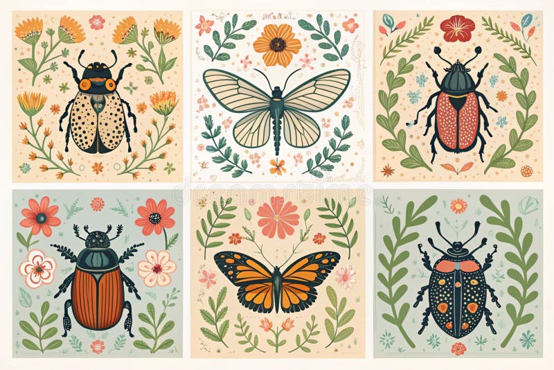 Set of six vector beautiful composition with ornate insects, beetles, butterflies. Folk art floral posters - generated by ai royalty free illustration