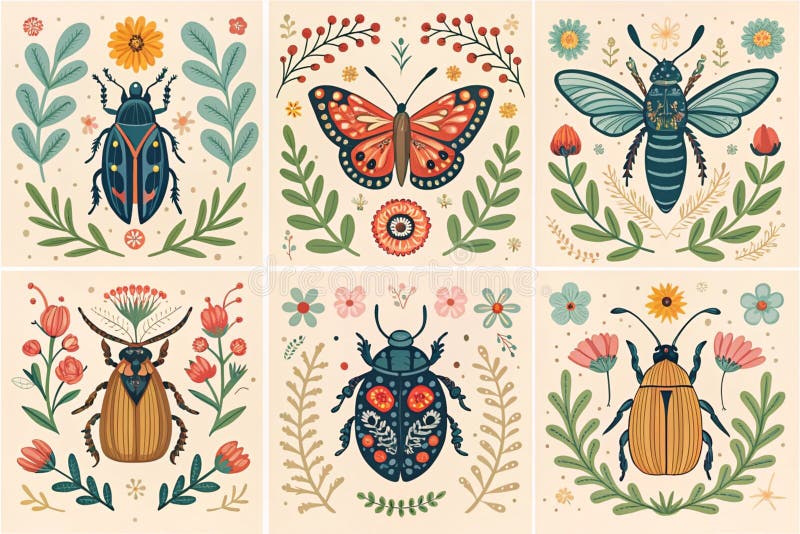 Set of six vector beautiful composition with ornate insects, beetles, butterflies. Folk art floral posters - generated by ai stock illustration