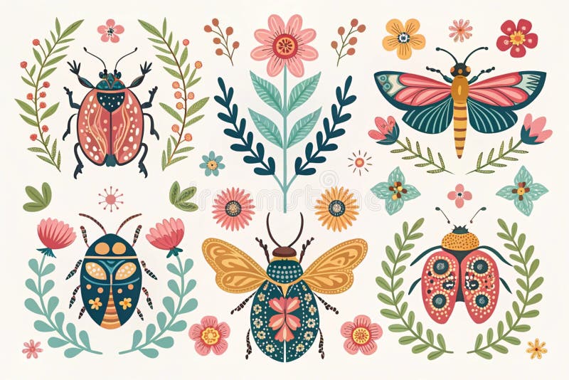 Set of six vector beautiful composition with ornate insects, beetles, butterflies. Folk art floral posters - generated by ai stock illustration