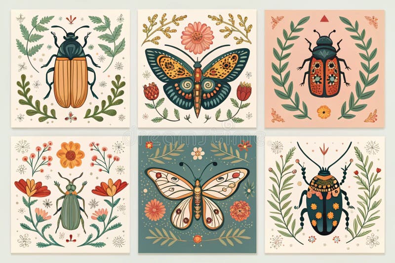 Set of six vector beautiful composition with ornate insects, beetles, butterflies. Folk art floral posters - generated by ai stock illustration