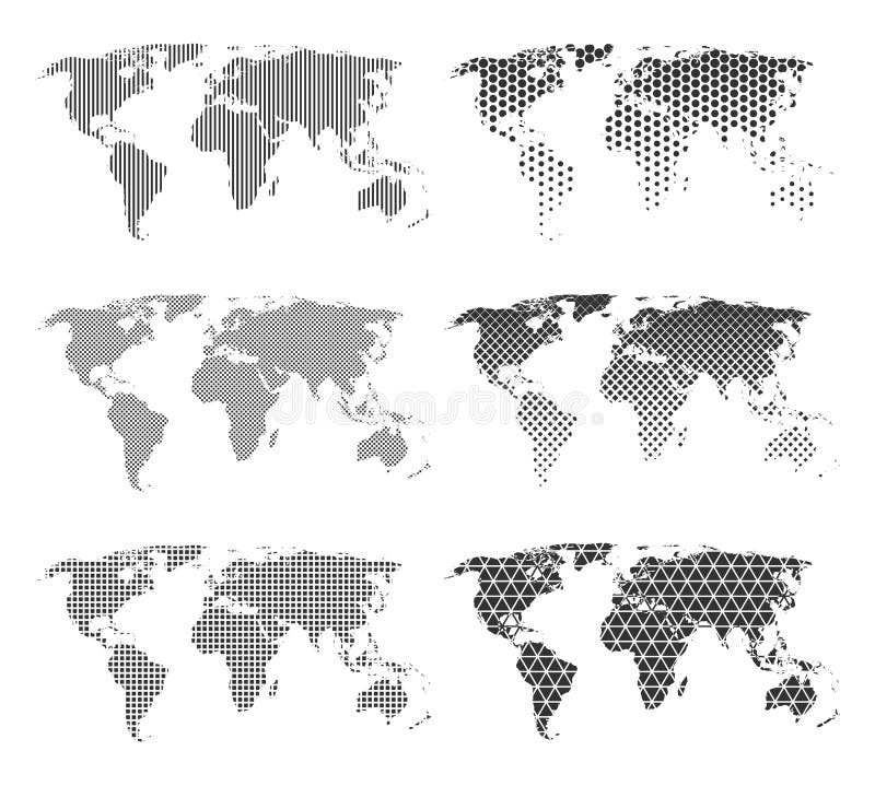 Set of six world maps with different patterns. Maps with dots, lines, hexagons, squares vector illustration Set of six world maps with different patterns. Maps with dots, lines, hexagons, squares vector illustration