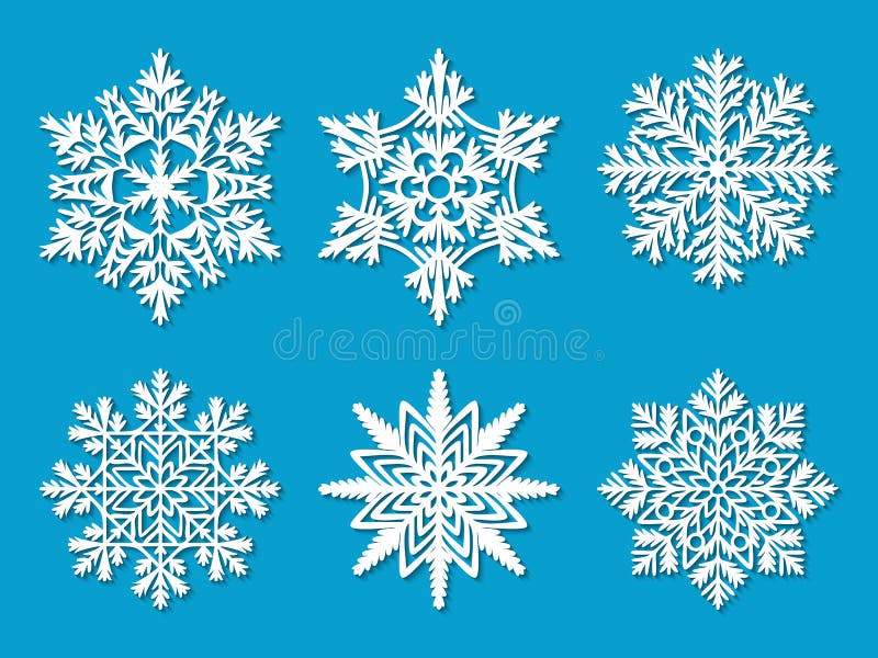 Set of six white paper cut out vector snowflakes on blue background.