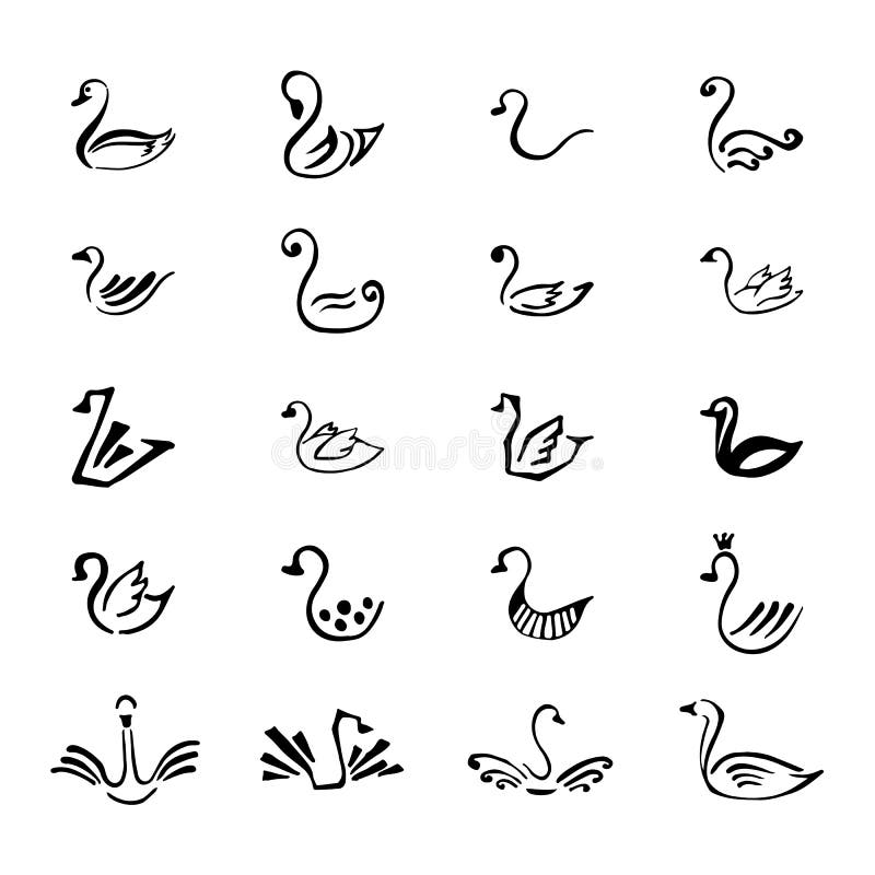 Set of 20 sketch hand drawn logo of black swan isolated on the white background