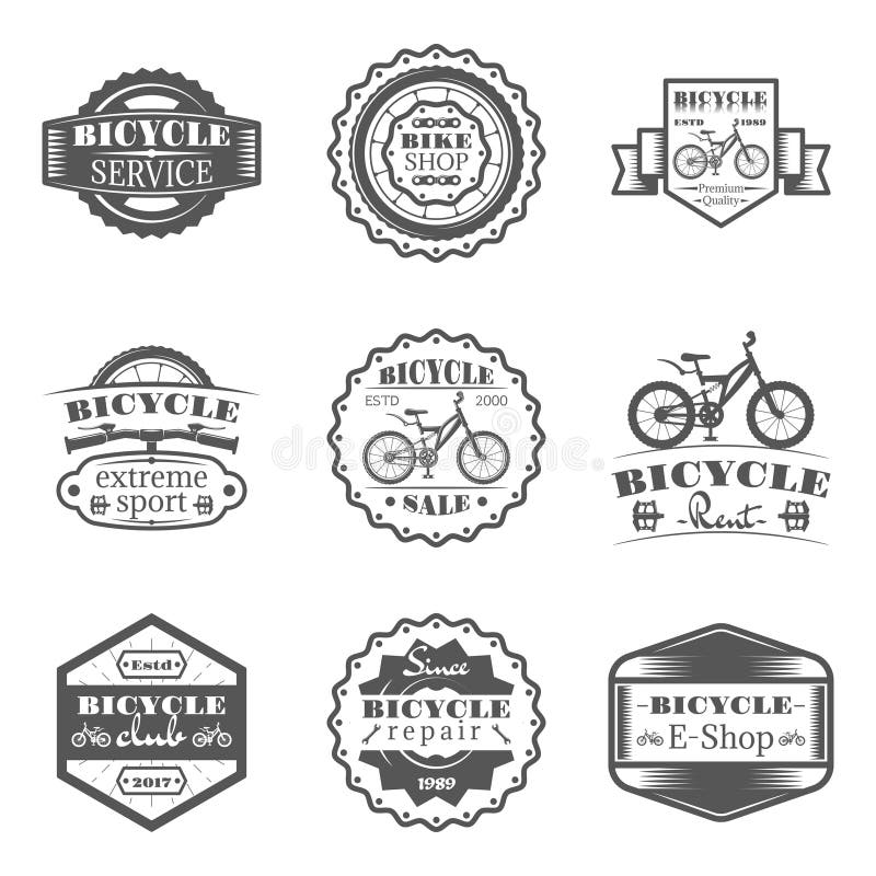 Set sklep, czynsz, usługa, sprzedaż, klub, naprawa w monochromu stylu logach, emblematy, etykietki i odznaki bicyklu ilustracji