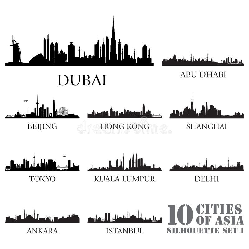 Set of skyline cities silhouettes. 10 cities of Asia 1