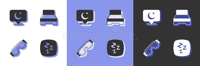 Set Sleepy, Moon and Stars, Eye Sleep Mask and Big Bed Icon. Vector