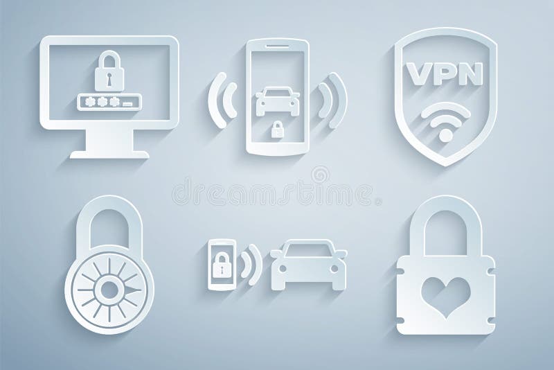 Set Smart car alarm system, Shield with VPN wireless, Safe combination lock wheel, Padlock heart, and Monitor password royalty free illustration