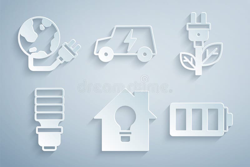 Set Smart house and light bulb, Electric saving plug in leaf, LED, Battery, car and Global energy power planet icon