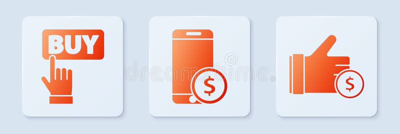Set Smartphone with dollar, Buy button and Hand holding coin. White square button. Vector royalty free illustration