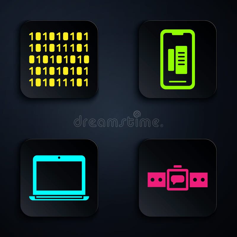 Set Smartwatch, Binary code, Laptop and Smartphone, mobile phone. Black square button. Vector royalty free illustration