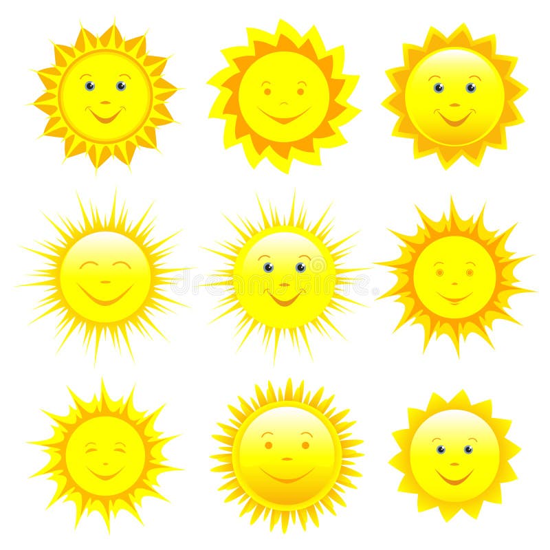 Set of smiling sun over white