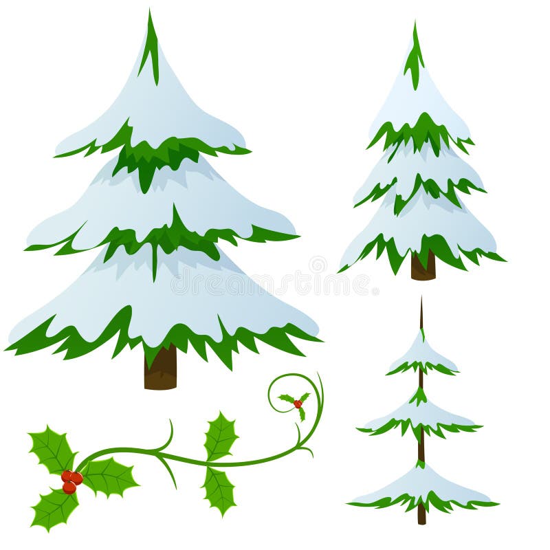 Set of snow covered fir trees and holly christmas decorated branch. Vector illustration. Set of snow covered fir trees and holly christmas decorated branch. Vector illustration.