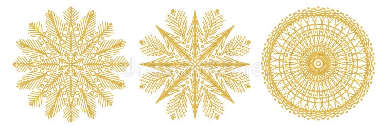 Set of snowflake sketch icon isolated on white background. Hand drawn mandala. Swirl gold icons for infographic, website