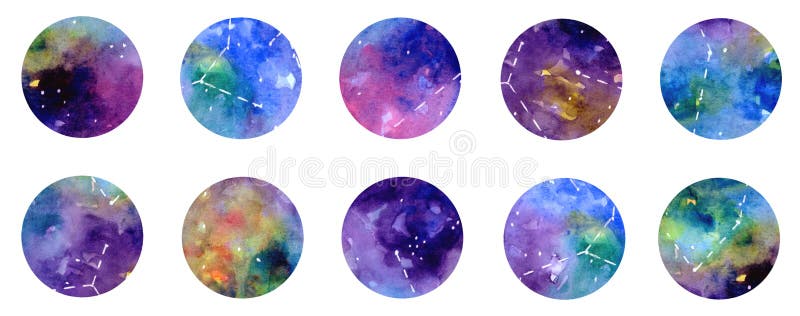 Set of social media story highlights covers icons and emblems, space night sky watercolor background, violet, purple, blue colors, bundle of templates for social media and blog, use as a backdrop for icons, text or your personal design, for your business, scrapbooking, bullet journalling, instagram story buttons, hand drawn texturized circles isolated on white background, ideal for postcards, greetings, websites, design for beauty shop, makeup, cosmetics and feminist, psychology, yoga, esoterics style social page cover