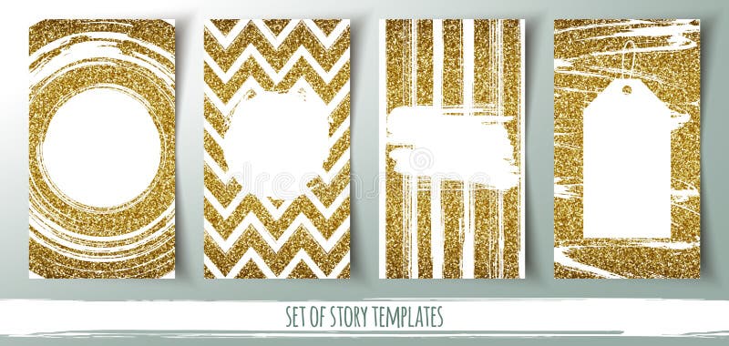 Set of social media story templates, banners with gold glitter background and place for message, vector illustration royalty free illustration
