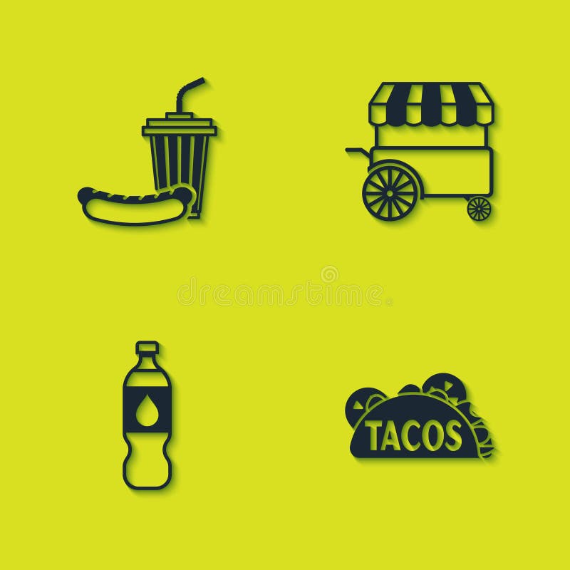 Set Soda and hotdog, Taco with tortilla, Bottle of water and Fast street food cart icon. Vector