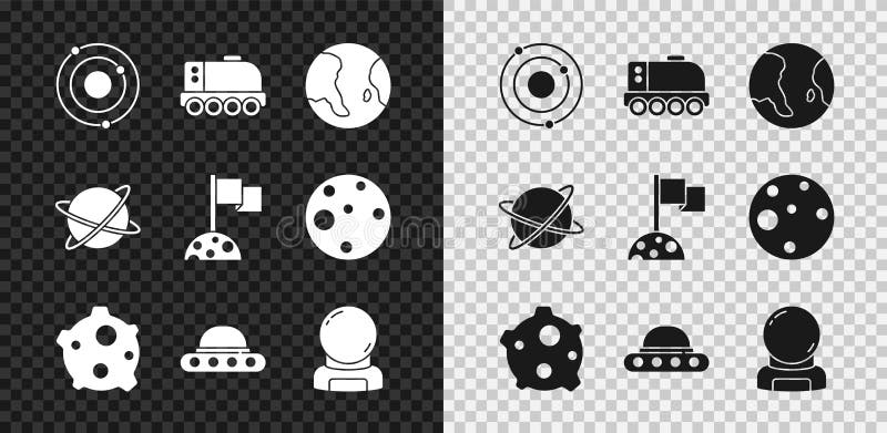 Set Solar system Mars rover Earth globe Asteroid UFO flying spaceship Astronaut helmet Satellites orbiting the planet and Moon with flag icon. Vector. Set Solar system Mars rover Earth globe Asteroid UFO flying spaceship Astronaut helmet Satellites orbiting the planet and Moon with flag icon. Vector.