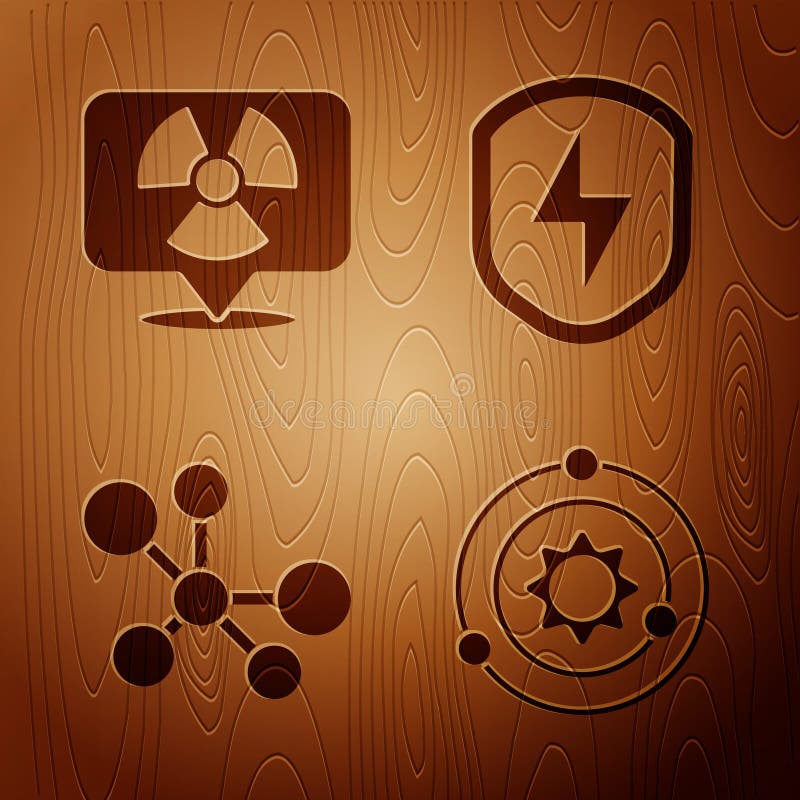 Set Solar system, Radioactive in location, Molecule and Secure shield with lightning on wooden background. Vector vector illustration