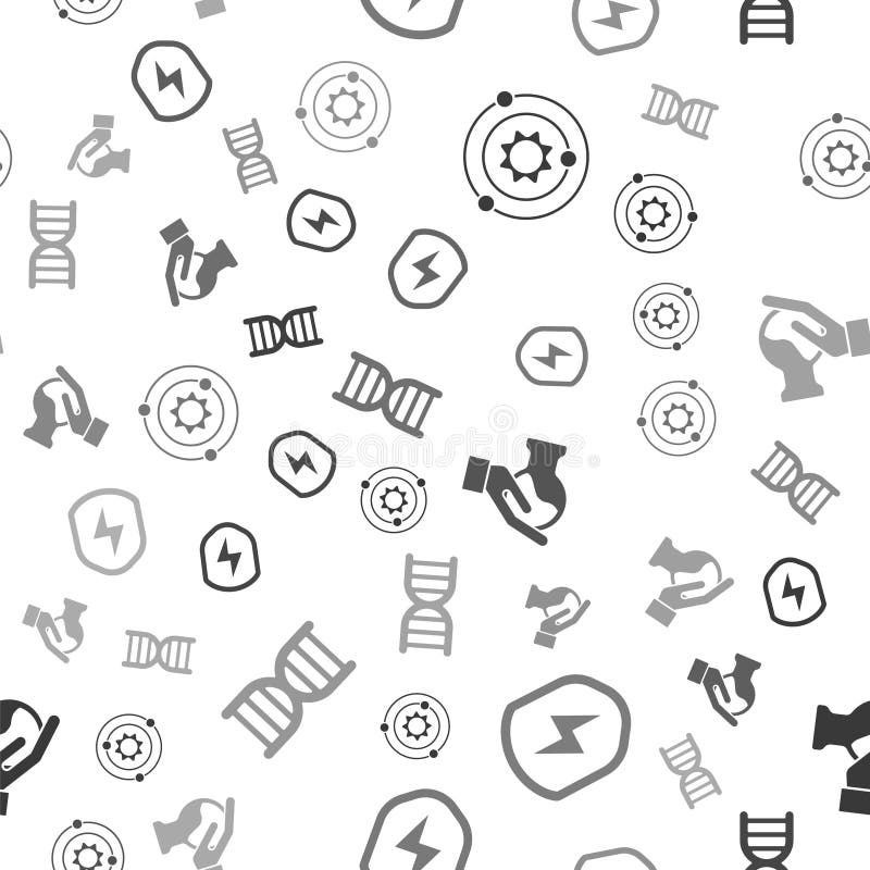 Set Solar system, Secure shield with lightning, Test tube and flask and DNA symbol on seamless pattern. Vector stock illustration