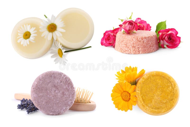 Set with Solid Shampoo Bars on White Background. Hair Care Stock Image