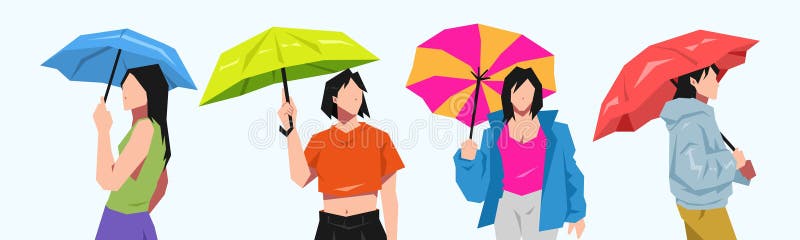 Set of Some Beautiful Young Girls Holding Umbrellas. Cartoon Flat ...