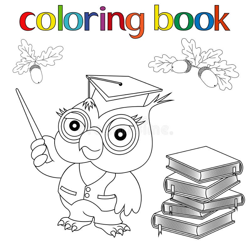 Set sowa, książki i acorns dla kolorystyki książki profesora, ilustracji Set sowa, książki i acorns dla kolorystyki książki profesora, ilustracji