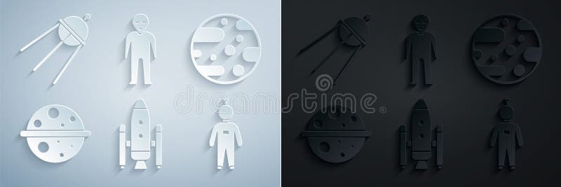 Set Space shuttle and rockets, Planet Mars, Saturn, Astronaut, Alien and Satellite icon. Vector stock illustration